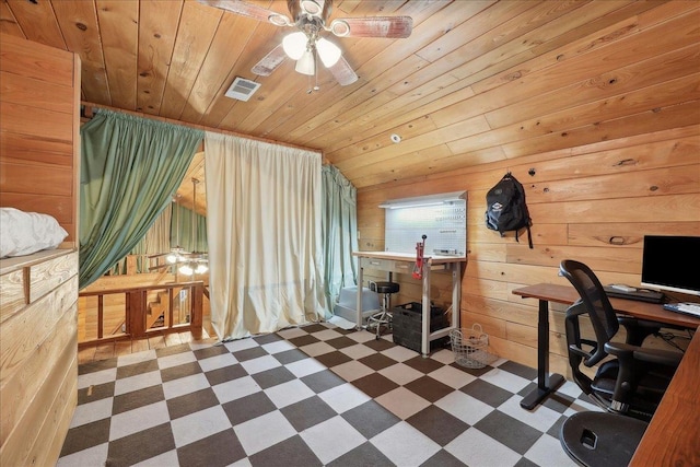 9570 Skeeter Dr, Orange, TX 77632 - home office featuring tile patterned floors, wood ceiling, wood walls, and ceiling fan