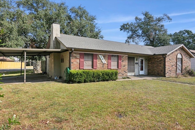 single story home with a front yard and a carport