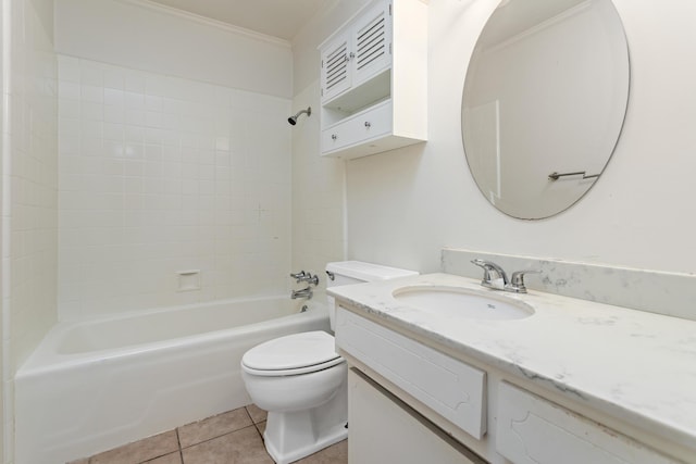 full bathroom with ornamental molding, vanity,  shower combination, tile patterned flooring, and toilet