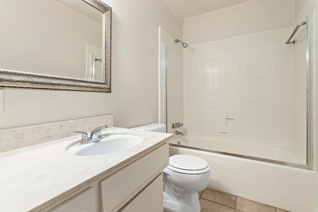 full bathroom featuring vanity,  shower combination, tile patterned flooring, toilet, and ornamental molding