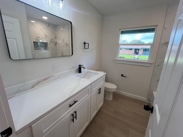 bathroom featuring hardwood / wood-style flooring, vanity, and toilet