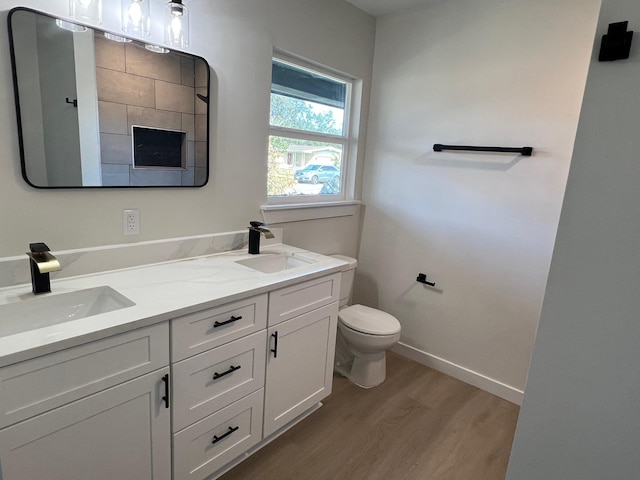 bathroom featuring vanity, toilet, and hardwood / wood-style floors