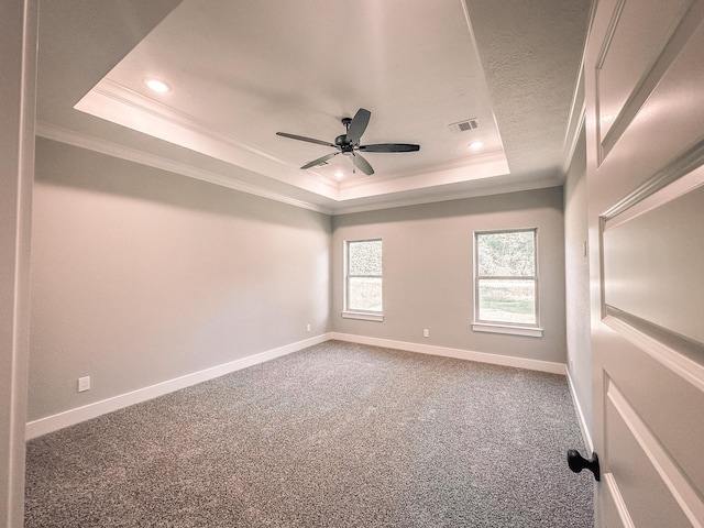 spare room featuring crown molding, ceiling fan, a raised ceiling, and carpet