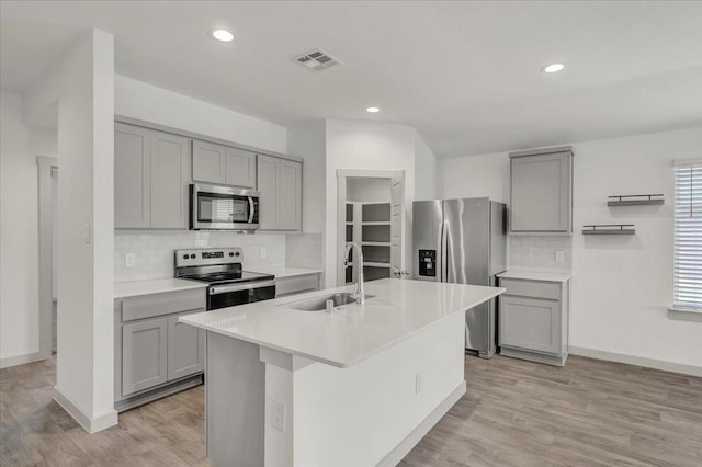 kitchen with visible vents, appliances with stainless steel finishes, a kitchen island with sink, light countertops, and a sink