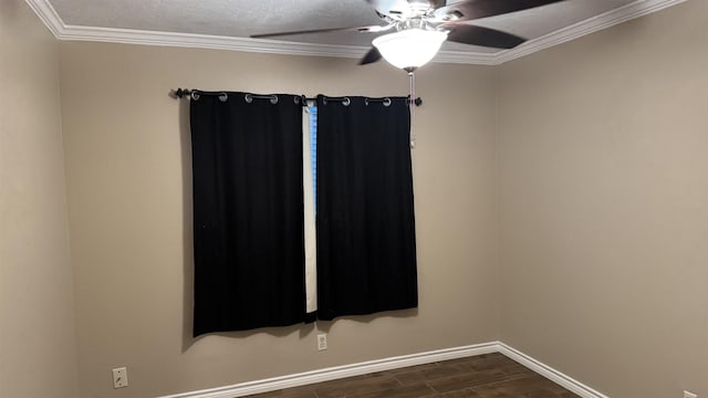 unfurnished room with ceiling fan, a textured ceiling, and ornamental molding