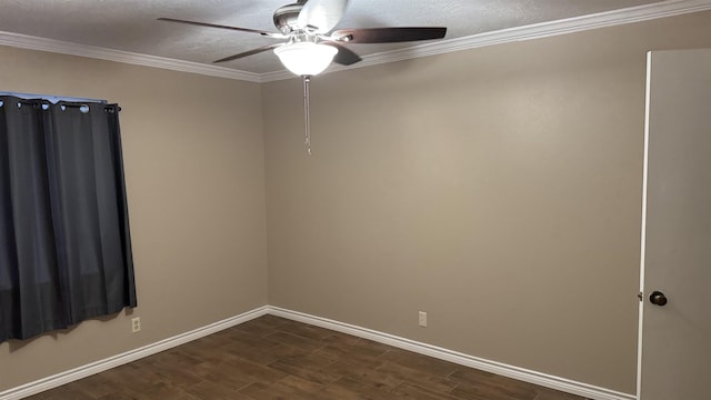 empty room featuring ceiling fan, crown molding, and a textured ceiling