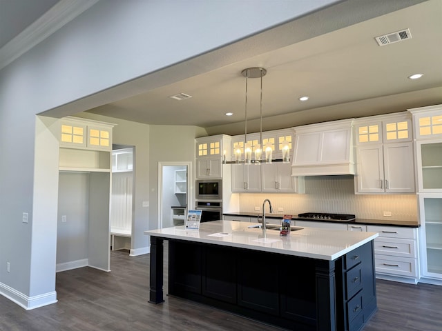kitchen with visible vents, a sink, appliances with stainless steel finishes, custom exhaust hood, and dark wood-style flooring
