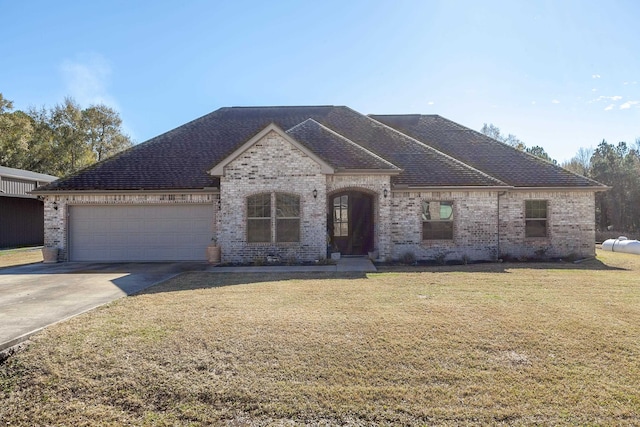 french country style house featuring a front lawn and a garage