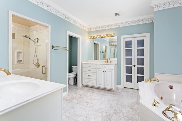 full bathroom with visible vents, ornamental molding, a whirlpool tub, a shower stall, and vanity