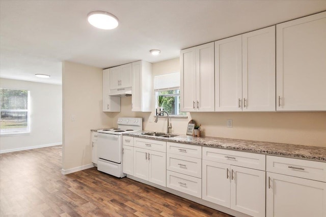 kitchen featuring sink, light stone counters, white electric range oven, dark hardwood / wood-style flooring, and white cabinetry