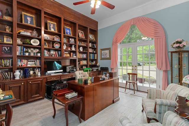 office space featuring ceiling fan, ornamental molding, and french doors