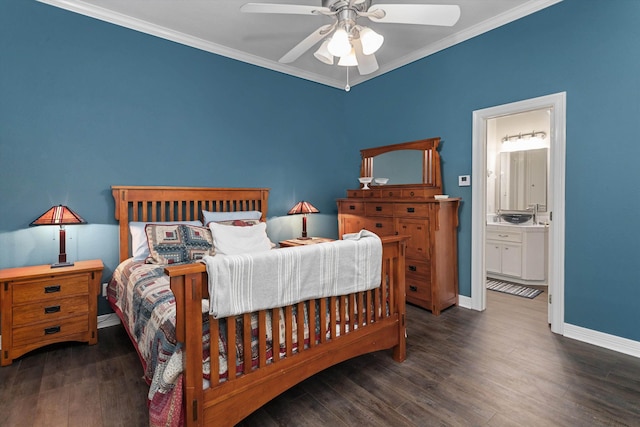 bedroom with ensuite bathroom, crown molding, ceiling fan, and dark hardwood / wood-style floors