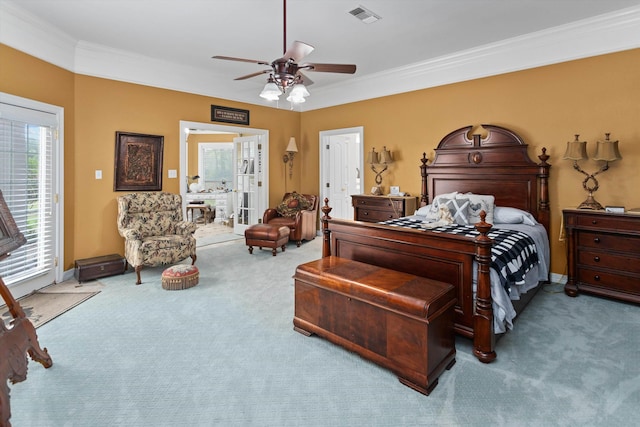 bedroom featuring carpet, ceiling fan, and crown molding