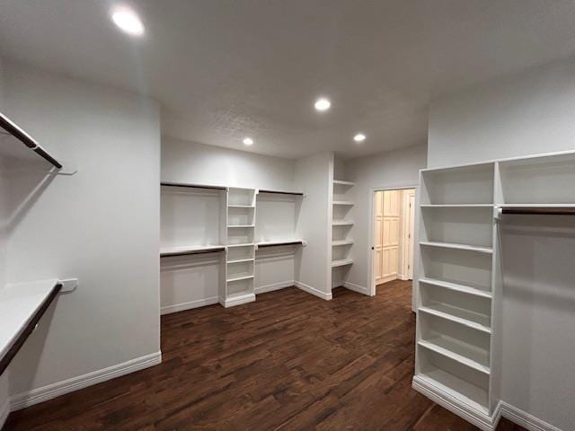 walk in closet with dark wood-style floors