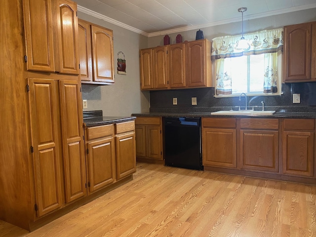  - kitchen with black dishwasher, a sink, dark countertops, brown cabinetry, and ornamental molding