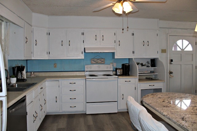 kitchen featuring white range with electric cooktop, stainless steel dishwasher, white cabinets, and dark wood-type flooring