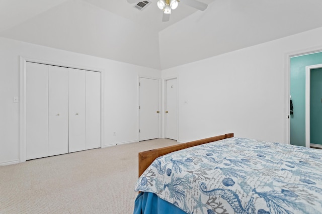 7714 N Linscomb Rd, Vidor, TX 77662 - carpeted bedroom with visible vents, a ceiling fan, baseboards, and vaulted ceiling