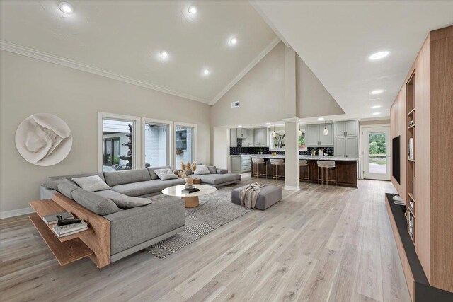 102 Timbercreek Dr, Lumberton, TX 77657 - living area featuring high vaulted ceiling, light wood-style floors, crown molding, and recessed lighting