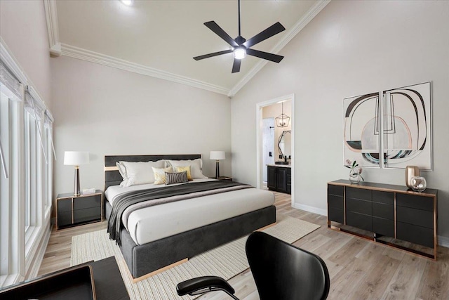 102 Timbercreek Dr, Lumberton, TX 77657 - bedroom with light wood-style floors, crown molding, ensuite bathroom, a ceiling fan, and high vaulted ceiling