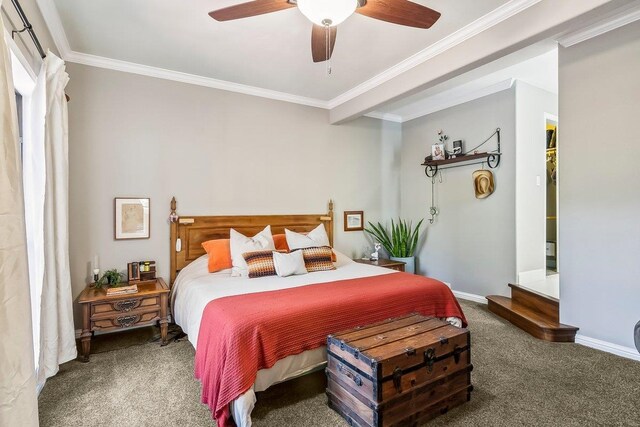 bedroom featuring baseboards, ceiling fan, ornamental molding, and carpet