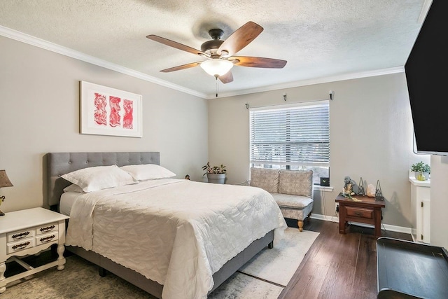 bedroom with a textured ceiling, crown molding, baseboards, a ceiling fan, and dark wood-type flooring