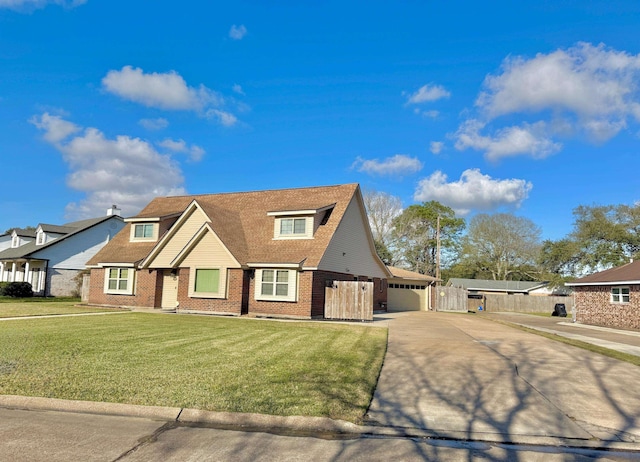 view of front of property featuring a garage, a residential view, a front lawn, and brick siding