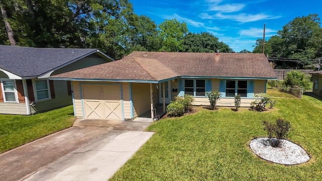 ranch-style home with a front yard, roof with shingles, a garage, and driveway