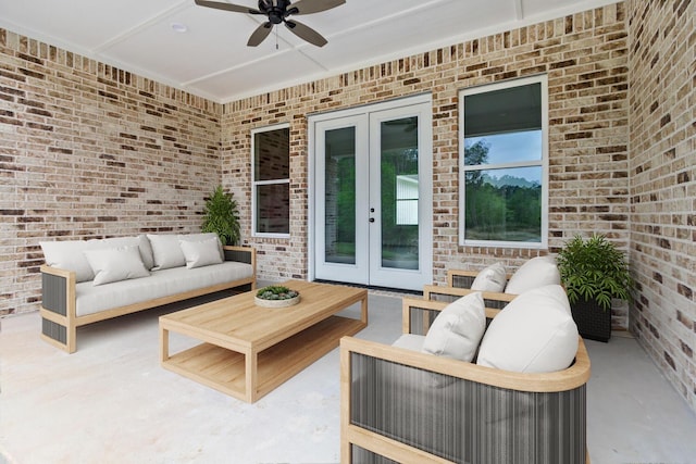 view of patio / terrace featuring outdoor lounge area, ceiling fan, and french doors