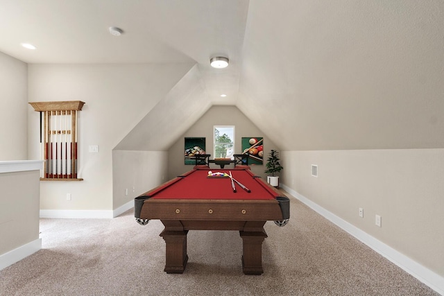 playroom featuring carpet, pool table, and vaulted ceiling