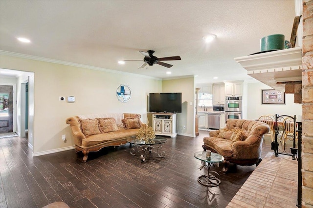 living room featuring ceiling fan, sink, ornamental molding, and dark wood-type flooring