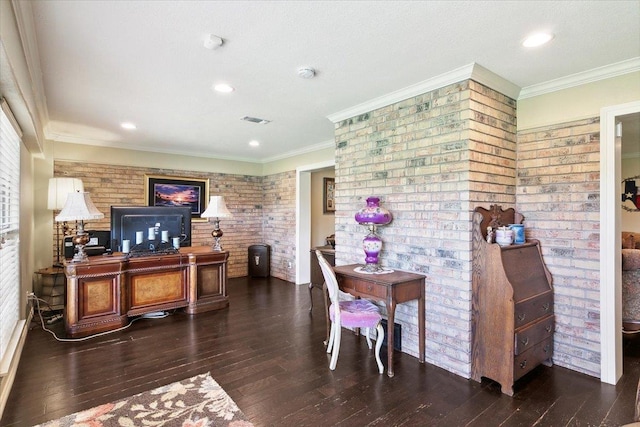 bar featuring dark hardwood / wood-style floors, crown molding, and brick wall