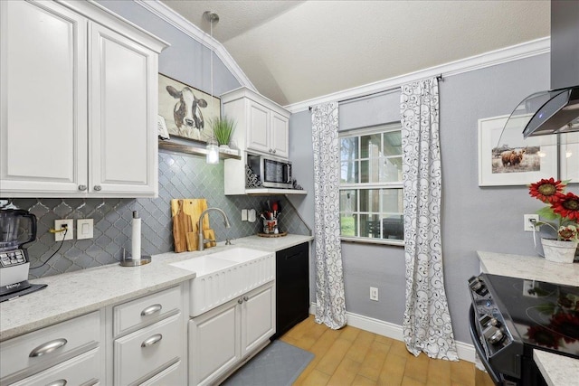 kitchen featuring black appliances, a sink, tasteful backsplash, exhaust hood, and light wood finished floors