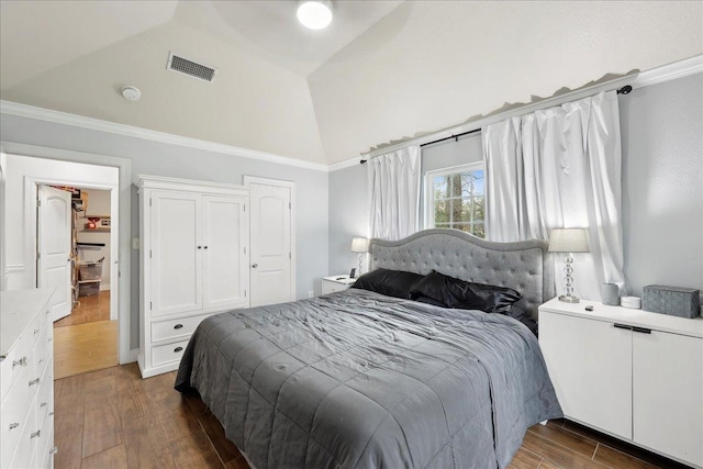 bedroom with visible vents, high vaulted ceiling, and dark wood-style floors