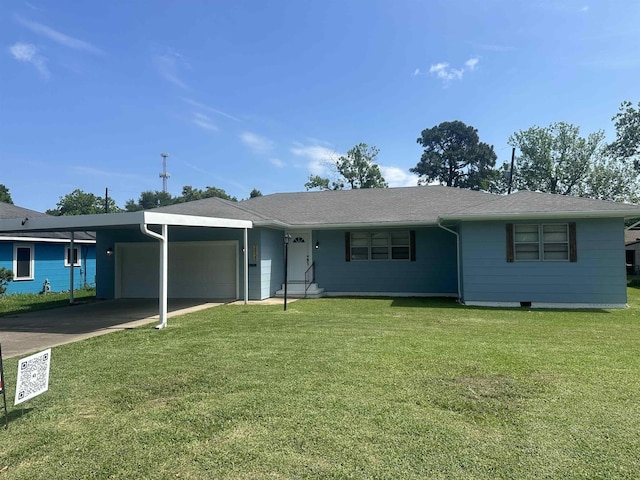 ranch-style home featuring an attached garage, driveway, and a front lawn