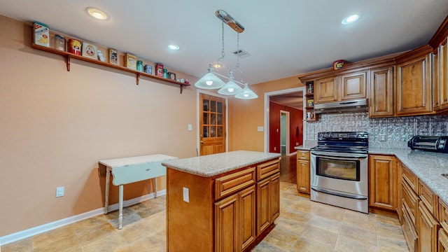 kitchen featuring stainless steel range with electric stovetop, pendant lighting, backsplash, ventilation hood, and a kitchen island