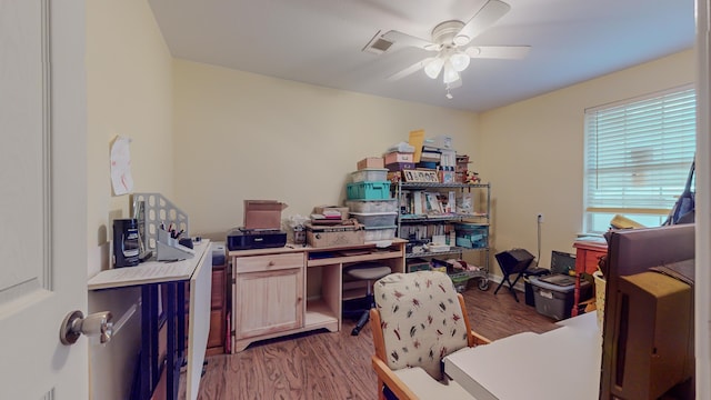 office space featuring ceiling fan and wood-type flooring