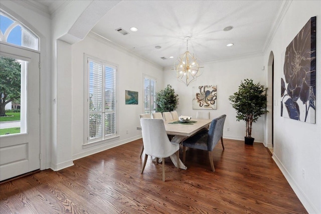 dining space with visible vents, recessed lighting, plenty of natural light, and an inviting chandelier