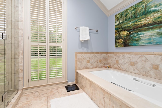 bathroom with lofted ceiling, separate shower and tub, and crown molding