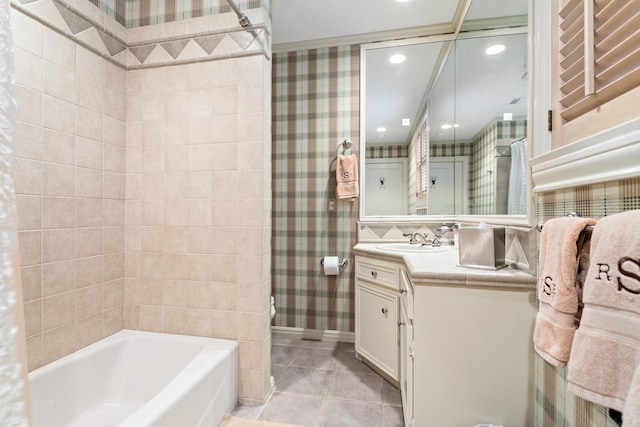 full bathroom featuring vanity, shower / bath combo, tile patterned floors, decorative backsplash, and toilet