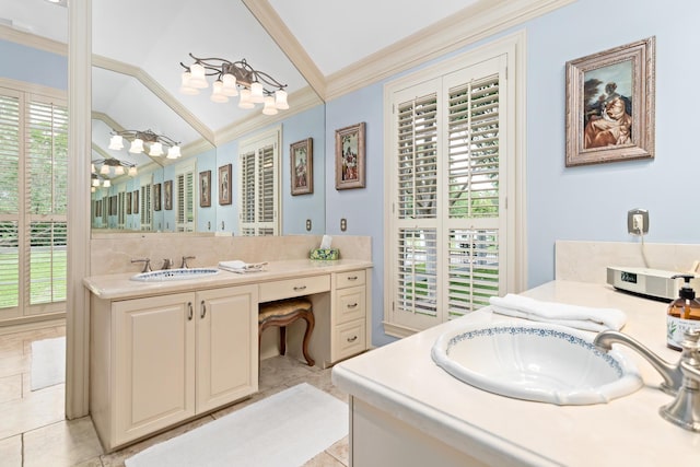 bathroom featuring tile patterned floors, vanity, lofted ceiling, and ornamental molding