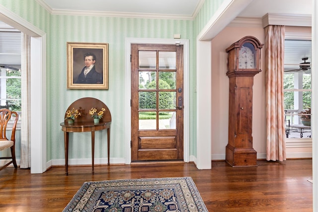 entryway featuring dark hardwood / wood-style flooring and ornamental molding