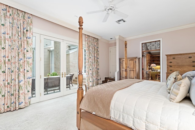 carpeted bedroom with access to outside, ceiling fan, french doors, and crown molding