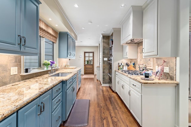 kitchen with white cabinets, dark hardwood / wood-style floors, and blue cabinets