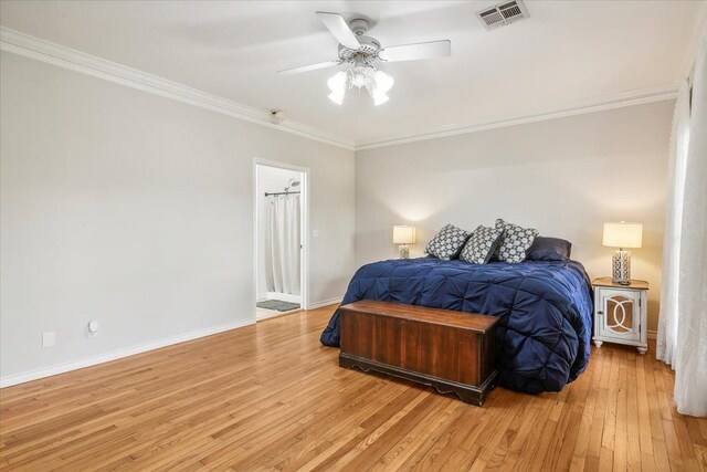 bedroom with ceiling fan, crown molding, and light wood-type flooring