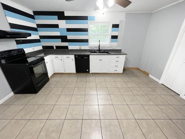 kitchen with ceiling fan, exhaust hood, sink, black appliances, and white cabinets