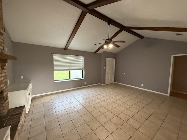 5085 Plant Rd, Beaumont, TX 77708 - unfurnished living room featuring a ceiling fan, light tile patterned flooring, and a brick fireplace