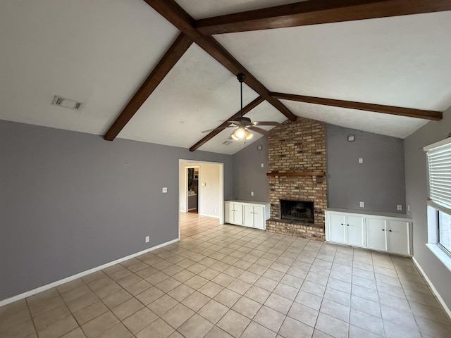 5085 Plant Rd, Beaumont, TX 77708 - unfurnished living room with light tile patterned flooring, ceiling fan, and a brick fireplace