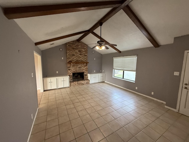 5085 Plant Rd, Beaumont, TX 77708 - unfurnished living room with tile patterned flooring, ceiling fan, and a brick fireplace
