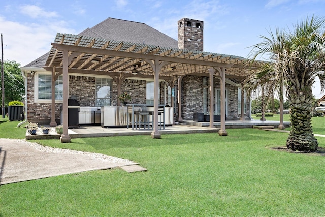 200 Skylark Ave, Bridge City, TX 77611 - back of property with a lawn, a pergola, a patio, a chimney, and area for grilling
