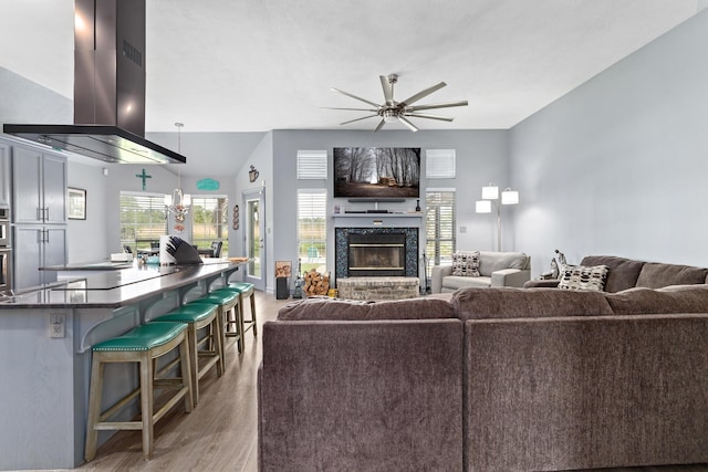 200 Skylark Ave, Bridge City, TX 77611 - living area with light wood finished floors, a ceiling fan, and a fireplace